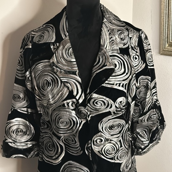 3 Sisters art deco circles print velvet swing blazer coat red polka dot lining S - Picture 2 of 10